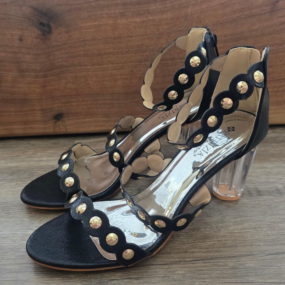 Patrizia Spring Step Bambi Black Studded Scalloped Clear Chunky Heel Sandals 9